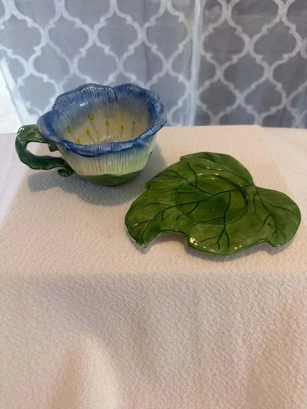Lady Jayne 2005 Ceramic Blue Flower Teacup and Leaf Saucer Set